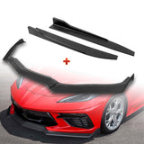 For 2020-2025 Chevy Corvette C8 5VM-Style Matt Black Front Bumper Spoiler Lip + 31" x 4" Universal Black Car side Skirt Rocker Splitters Diffuser Winglet Wind  5pcs