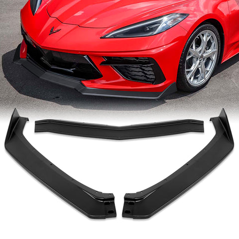 For 2020-2025 Chevy Corvette C8 5VM-Style Matt Black Front Bumper Spoiler Lip + 31" x 4" Universal Black Car side Skirt Rocker Splitters Diffuser Winglet Wind  5pcs
