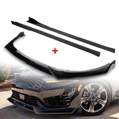 For 2021-2024 Kia Optima K5 Painted Black Front Bumper Body Splitter Spoiler Lip + 86" x 4" Universal Painted Black Side Skirt Extension Rocker Splitters Lip 9pcs