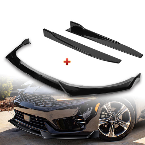 For 2021-2024 Kia Optima K5 Painted Black Front Bumper Body Splitter Spoiler Lip + 31"x4" Universal Painted Black Side Skirt Rocker Splitters Diffuser Winglet Wind  5pcs