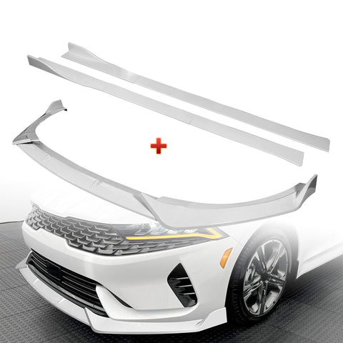 For 2021-2024 Kia Optima K5 Painted White Front Bumper Body Splitter Spoiler Lip + 86" x 4" Universal Painted White Side Skirt Extension Rocker Splitters Lip 9pcs
