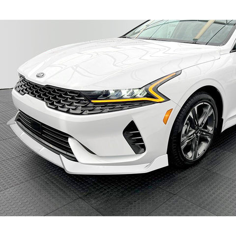 For 2021-2024 Kia Optima K5 Painted White Front Bumper Body Splitter Spoiler Lip + 86" x 4" Universal Painted White Side Skirt Extension Rocker Splitters Lip 9pcs
