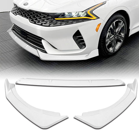 For 2021-2024 Kia Optima K5 Painted White Front Bumper Body Splitter Spoiler Lip + 86" x 4" Universal Painted White Side Skirt Extension Rocker Splitters Lip 9pcs