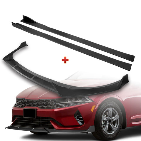 For 2021-2024 Kia Optima K5 Matt Black Front Bumper Body Splitter Spoiler Lip + 86" x 4" Universal Black Side Skirt Extension Rocker Splitters Diffuser Lip 9pcs