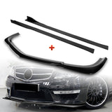 For 2012-2014 Mercedes-Benz W204 C63 AMG Painted Black Front Bumper Spoiler Lip + 86" x 4" Universal Painted Black Side Skirt Extension Rocker Splitters Lip 9pcs