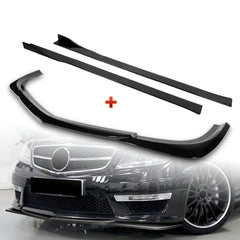 For 2012-2014 Mercedes-Benz W204 C63 AMG Painted Black Front Bumper Spoiler Lip + 86" x 4" Universal Painted Black Side Skirt Extension Rocker Splitters Lip 9pcs
