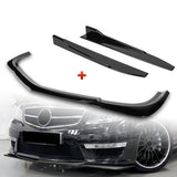For 2012-2014 Mercedes-Benz W204 C63 AMG Painted Black Front Bumper Spoiler Lip + 31"x4" Universal Painted Black Side Skirt Rocker Splitters Diffuser Winglet Wind  5pcs