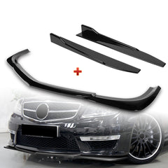 For 2012-2014 Mercedes-Benz W204 C63 AMG Painted Black Front Bumper Spoiler Lip + 31"x4" Universal Painted Black Side Skirt Rocker Splitters Diffuser Winglet Wind  5pcs