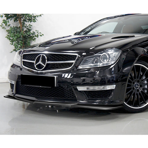For 2012-2014 Mercedes-Benz W204 C63 AMG Painted Black Front Bumper Spoiler Lip + 86" x 4" Universal Painted Black Side Skirt Extension Rocker Splitters Lip 9pcs