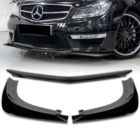 For 2012-2014 Mercedes-Benz W204 C63 AMG Painted Black Front Bumper Spoiler Lip + 86" x 4" Universal Painted Black Side Skirt Extension Rocker Splitters Lip 9pcs