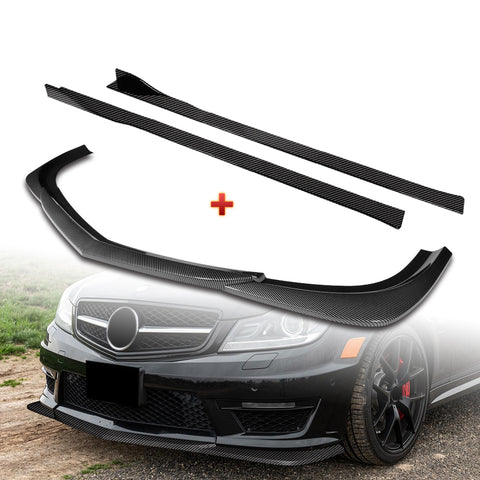 For 2012-2014 Mercedes-Benz W204 C63 AMG Carbon Painted Front Bumper Spoiler Lip  + 86" x 4" Universal Carbon Look Side Skirt Extension Rocker Splitters Lip 9pcs