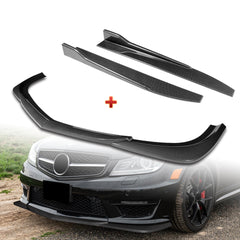 For 2012-2014 Mercedes-Benz W204 C63 AMG Carbon Painted Front Bumper Spoiler Lip + 31"x4" Universal Carbon Style Side Skirt Rocker Splitters Diffuser Winglet Wind  5pcs