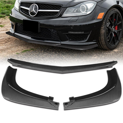 For 2012-2014 Mercedes-Benz W204 C63 AMG Carbon Painted Front Bumper Spoiler Lip  + 86" x 4" Universal Carbon Look Side Skirt Extension Rocker Splitters Lip 9pcs