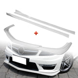 For 2012-2014 Mercedes-Benz W204 C63 AMG Painted White Front Bumper Spoiler Lip + 86" x 4" Universal Painted White Side Skirt Extension Rocker Splitters Lip 9pcs