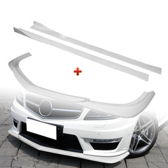 For 2012-2014 Mercedes-Benz W204 C63 AMG Painted White Front Bumper Spoiler Lip + 86" x 4" Universal Painted White Side Skirt Extension Rocker Splitters Lip 9pcs