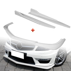 For 2012-2014 Mercedes-Benz W204 C63 AMG Painted White Front Bumper Spoiler Lip + 31"x4" Universal Painted White Side Skirt Rocker Splitters Diffuser Winglet Wind  5pcs