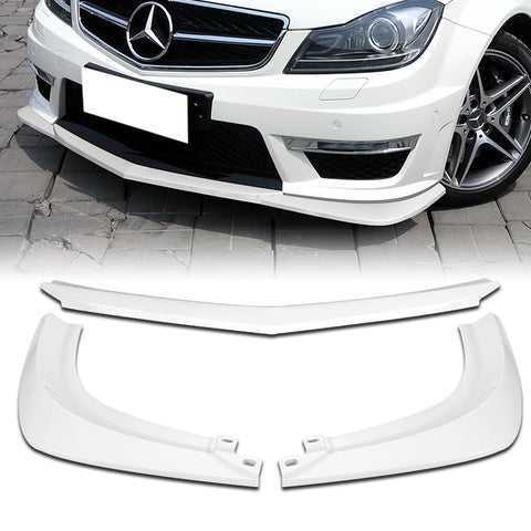 For 2012-2014 Mercedes-Benz W204 C63 AMG Painted White Front Bumper Spoiler Lip + 86" x 4" Universal Painted White Side Skirt Extension Rocker Splitters Lip 9pcs