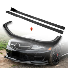 For 2012-2014 Mercedes-Benz W204 C63 AMG Matt Black Front Bumper Spoiler Lip  + 86" x 4" Universal Black Side Skirt Extension Rocker Splitters Diffuser Lip 9pcs