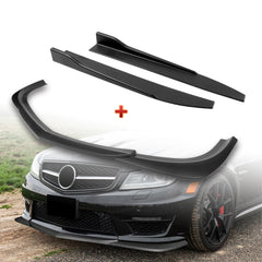 For 2012-2014 Mercedes-Benz W204 C63 AMG Matt Black Front Bumper Spoiler Lip + 31" x 4" Universal Black Car side Skirt Rocker Splitters Diffuser Winglet Wind  5pcs