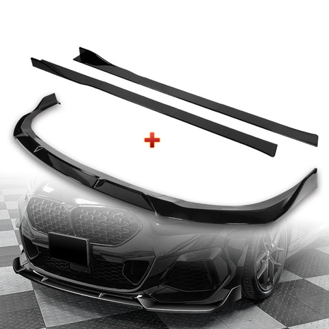 For 2020-2024 BMW 2-Series F44 Gran Coupe Painted Black Front Bumper Spoiler Lip + 59" x 4" Universal Painted Black Side Skirt Extension Rocker Splitters Lip 9pcs