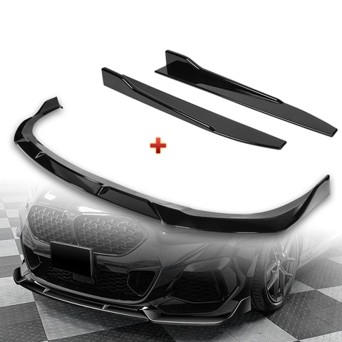 For 2020-2024 BMW 2-Series F44 Gran Coupe Painted Black Front Bumper Spoiler Lip + 31"x4" Universal Painted Black Side Skirt Rocker Splitters Diffuser Winglet Wind  5pcs