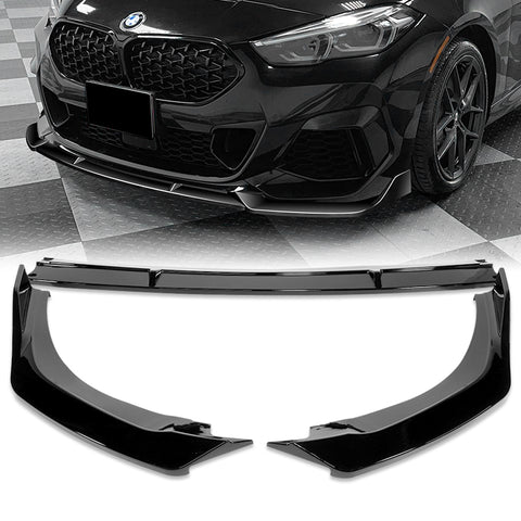 For 2020-2024 BMW 2-Series F44 Gran Coupe Painted Black Front Bumper Spoiler Lip + 59" x 4" Universal Painted Black Side Skirt Extension Rocker Splitters Lip 9pcs