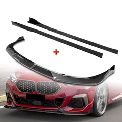 For 2020-2024 BMW 2-Series F44 Gran Coupe Carbon Style Front Bumper Spoiler Lip + 59" x 4" Universal Carbon Look Side Skirt Extension Rocker Splitters Lip 9pcs