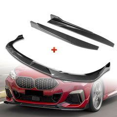 For 2020-2024 BMW 2-Series F44 Gran Coupe Carbon Style Front Bumper Spoiler Lip + 31"x4" Universal Carbon Style Side Skirt Rocker Splitters Diffuser Winglet Wind  5pcs