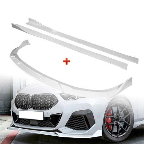 For 2020-2024 BMW 2-Series F44 Gran Coupe Painted White Front Bumper Spoiler Lip + 86" x 4" Universal Painted White Side Skirt Extension Rocker Splitters Lip 9pcs