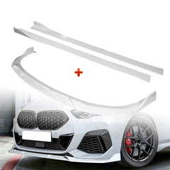 For 2020-2024 BMW 2-Series F44 Gran Coupe Painted White Front Bumper Spoiler Lip + 86" x 4" Universal Painted White Side Skirt Extension Rocker Splitters Lip 9pcs