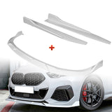 For 2020-2024 BMW 2-Series F44 Gran Coupe Painted White Front Bumper Spoiler Lip  + 31"x4" Universal Painted White Side Skirt Rocker Splitters Diffuser Winglet Wind  5pcs