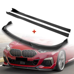 For 2020-2024 BMW 2-Series F44 Gran Coupe Matt Black Front Bumper Spoiler Lip + 86" x 4" Universal Black Side Skirt Extension Rocker Splitters Diffuser Lip 9pcs