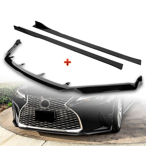 For 2021-2025 Lexus IS300 IS350 Base V-Style Painted Black Front Bumper Lip  + 86" x 4" Universal Painted Black Side Skirt Extension Rocker Splitters Lip 9pcs