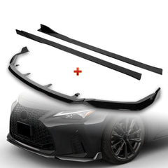 For 2021-2025 Lexus IS350 IS500 F-Sport V-Style Painted Black Front Bumper Lip + 86" x 4" Universal Painted Black Side Skirt Extension Rocker Splitters Lip 9pcs