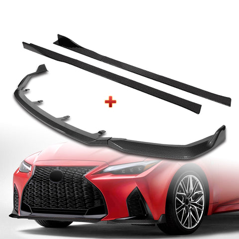 For 2021-2025 Lexus IS350 IS500 F-Sport V-Style Carbon Painted Front Bumper Lip + 59" x 4" Universal Carbon Look Side Skirt Extension Rocker Splitters Lip 9pcs