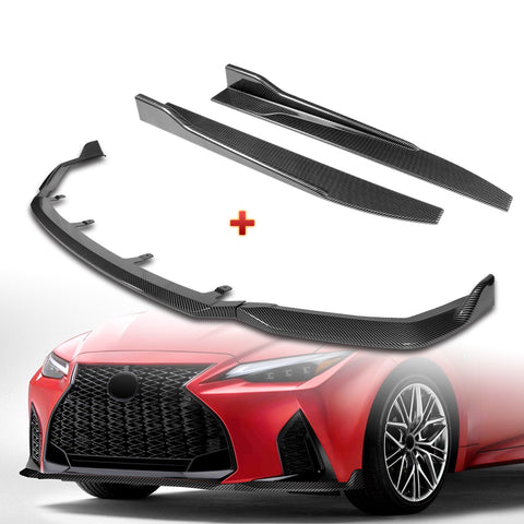 For 2021-2025 Lexus IS350 IS500 F-Sport V-Style Carbon Painted Front Bumper Lip + 31"x4" Universal Carbon Style Side Skirt Rocker Splitters Diffuser Winglet Wind  5pcs
