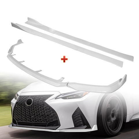 For 2021-2025 Lexus IS350 IS500 F-Sport V-Style Painted White Front Bumper Lip  + 86" x 4" Universal Painted White Side Skirt Extension Rocker Splitters Lip 9pcs