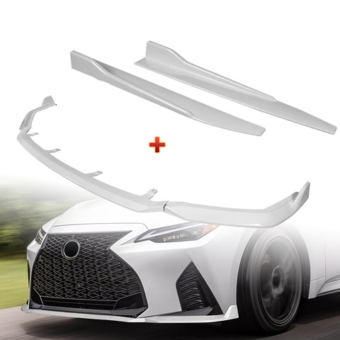 For 2021-2025 Lexus IS350 IS500 F-Sport V-Style Painted White Front Bumper Lip + 31"x4" Universal Painted White Side Skirt Rocker Splitters Diffuser Winglet Wind  5pcs
