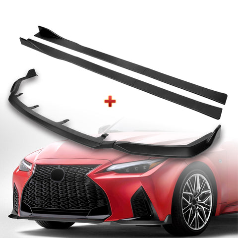 For 2021-2025 Lexus IS350 IS500 F-Sport V-Style Black Front Bumper Spoiler Lip + 86" x 4" Universal Black Side Skirt Extension Rocker Splitters Diffuser Lip 9pcs