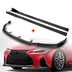 For 2021-2025 Lexus IS350 IS500 F-Sport V-Style Black Front Bumper Spoiler Lip + 86" x 4" Universal Black Side Skirt Extension Rocker Splitters Diffuser Lip 9pcs