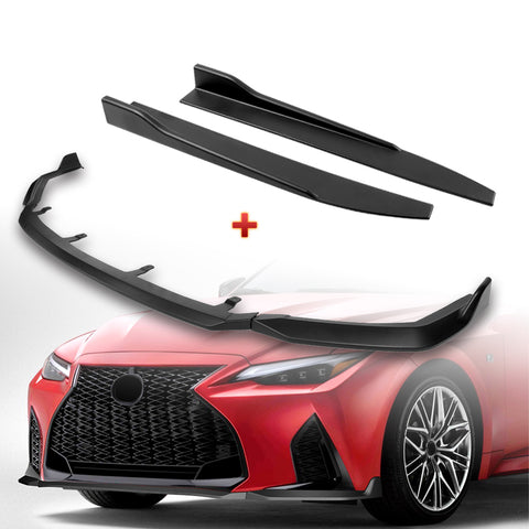For 2021-2025 Lexus IS350 IS500 F-Sport V-Style Black Front Bumper Spoiler Lip  + 31" x 4" Universal Black Car side Skirt Rocker Splitters Diffuser Winglet Wind  5pcs