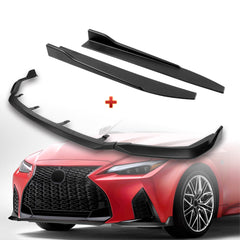 For 2021-2025 Lexus IS350 IS500 F-Sport V-Style Black Front Bumper Spoiler Lip  + 31" x 4" Universal Black Car side Skirt Rocker Splitters Diffuser Winglet Wind  5pcs