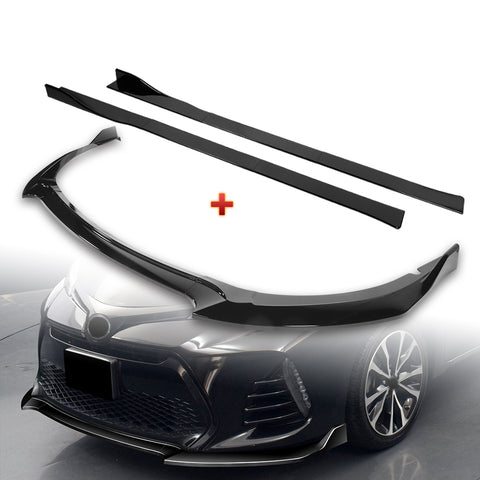 For 2017-2019 Corolla SE XSE GT-Style Painted Black Front Bumper Spoiler Lip + 86" x 4" Universal Painted Black Side Skirt Extension Rocker Splitters Lip 9pcs