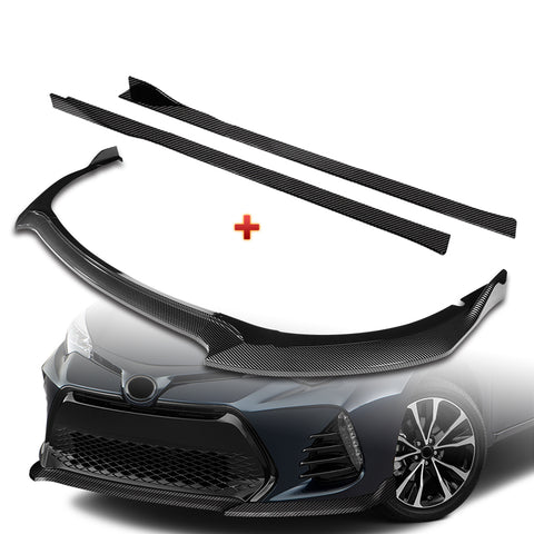 For 2017-2019 Corolla SE XSE GT-Style Carbon Painted Front Bumper Spoiler Lip + 86" x 4" Universal Carbon Look Side Skirt Extension Rocker Splitters Lip 9pcs