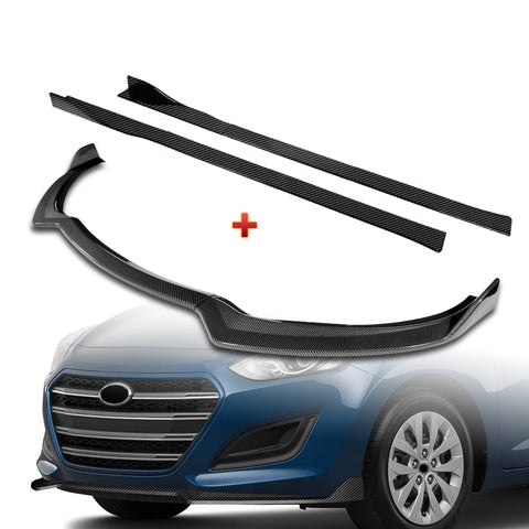 For 2013-17 Hyundai Elantra GT Hatchback Carbon Painted Front Bumper Spoiler Lip + 86" x 4" Universal Carbon Look Side Skirt Extension Rocker Splitters Lip 9pcs