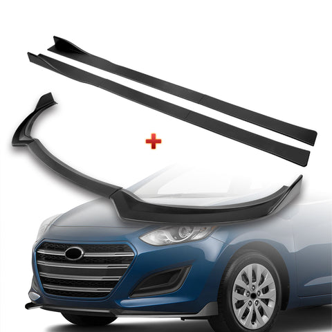 For 2013-2017 Hyundai Elantra GT Hatchback Matt Black Front Bumper Spoiler Lip + 86" x 4" Universal Black Side Skirt Extension Rocker Splitters Diffuser Lip 9pcs