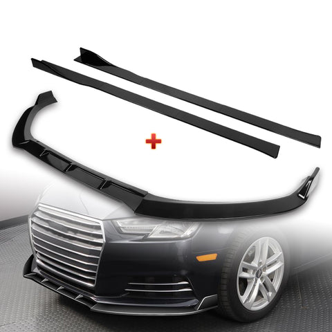 For 2017-2018 Audi A4 B9 STP-Sty Painted Black Front Bumper Splitter Spoiler Lip + 59" x 4" Universal Painted Black Side Skirt Extension Rocker Splitters Lip 9pcs