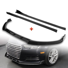 For 2017-2018 Audi A4 B9 STP-Sty Painted Black Front Bumper Splitter Spoiler Lip + 59" x 4" Universal Painted Black Side Skirt Extension Rocker Splitters Lip 9pcs