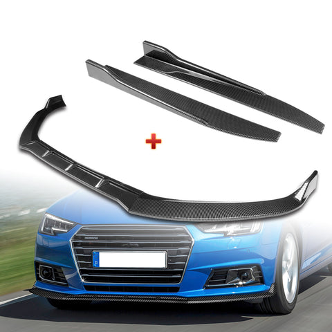 For 2017-2018 Audi A4 B9 STP-Style Carbon Look Front Bumper Splitter Spoiler Lip + 31"x4" Universal Carbon Style Side Skirt Rocker Splitters Diffuser Winglet Wind  5pcs