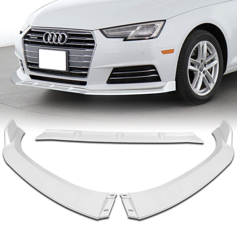 For 2017-2018 Audi A4 B9 STP-Sty Painted White Front Bumper Splitter Spoiler Lip + 86" x 4" Universal Painted White Side Skirt Extension Rocker Splitters Lip 9pcs